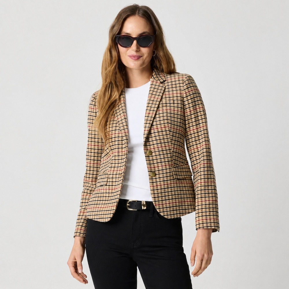 J. Crew Schoolboy Blazer 12 Tan Plaid Wool Blend Gold Crest Button Preppy Jacket - Picture 6 of 11